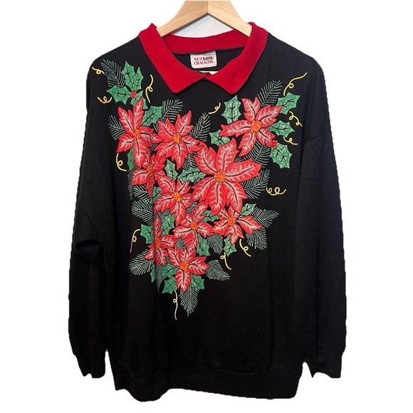 Vintage Christmas Sweatshirt Poinsettia Nutcracker 90’s size XL black pullover - Picture 1 of 6